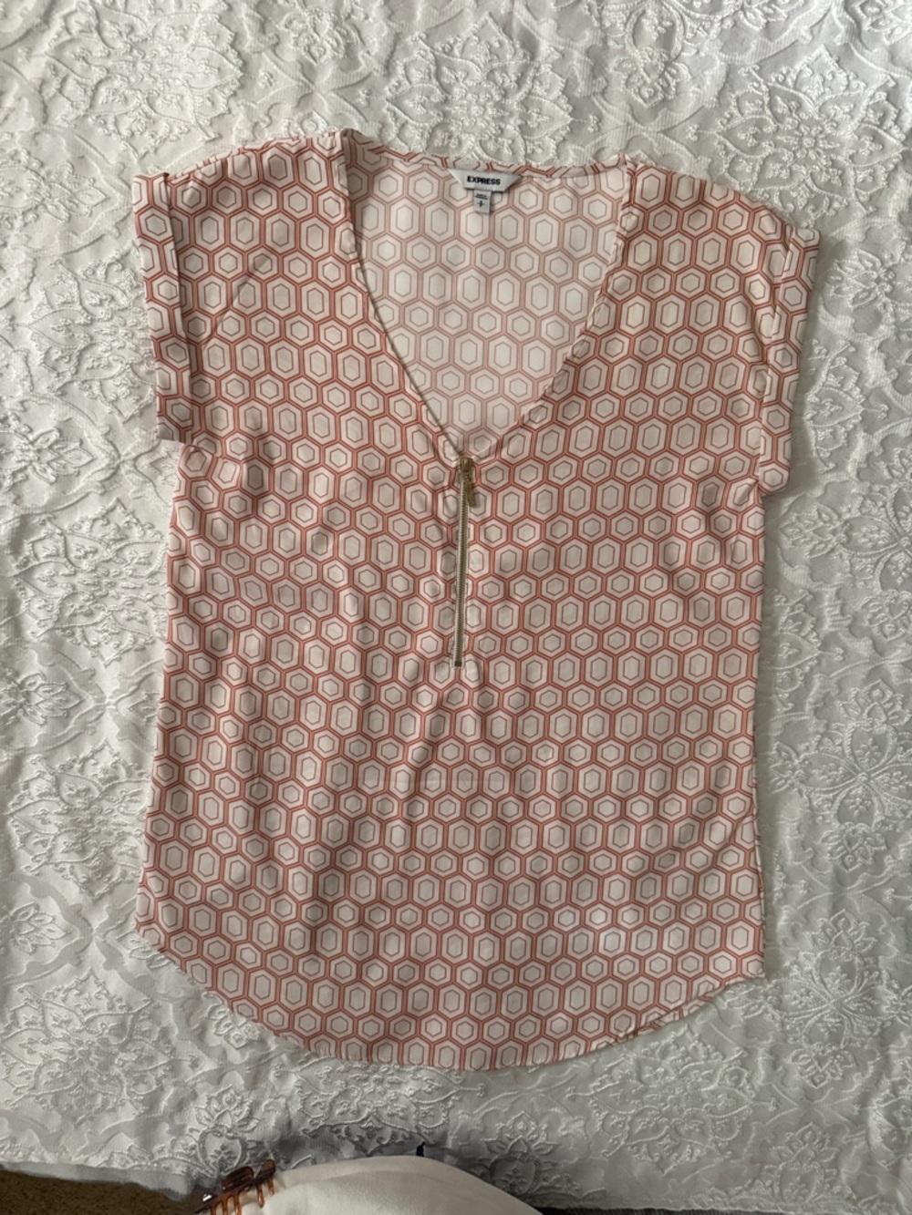 Express Pink Geo Hexagon Zip V-Neck Blouse